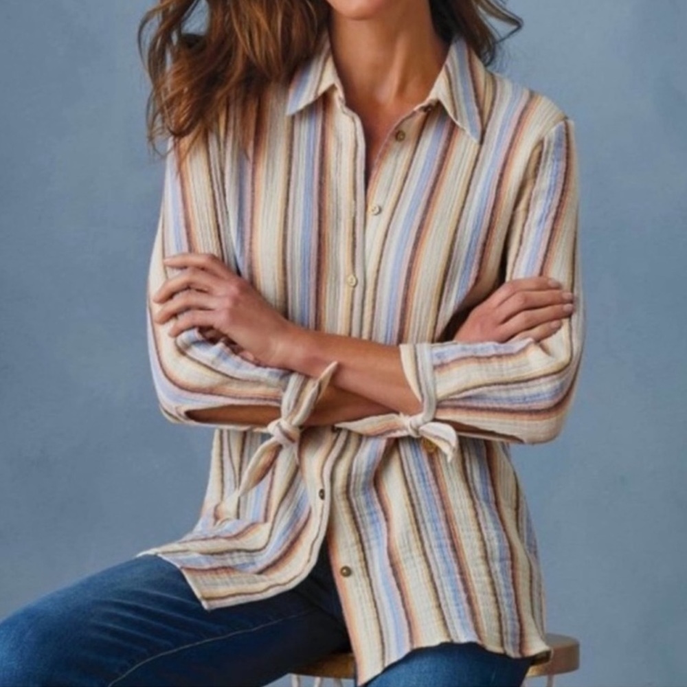 SOFT SURROUNDINGS Gauze Rainbow Striped Cotton 3/4 Sleeve Button Tunic Top Bow L